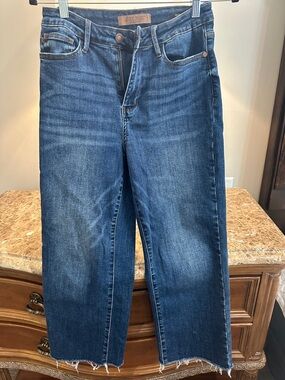 Judy Blue Medium Dark Blue Straight Jeans with Raw Hem
